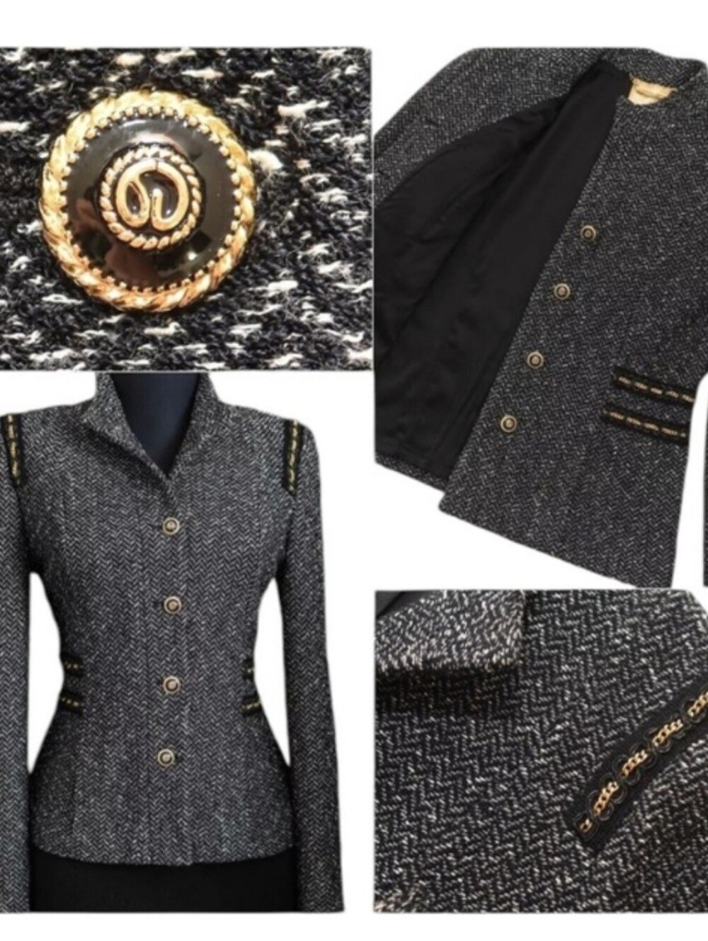 St John Size 2 Military Style Jacket Black/White Trim Gold Buttons/Chains